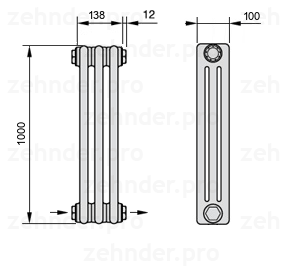 Схема (чертеж) Радиатор Zehnder Charleston 3100/3 №2670 Белый глянцевый RAL 9016